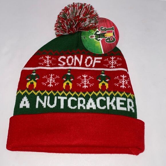 Concept One Son Of A Nutcracker Elf Beanie Hat Knit Cap With Pom Pom Red Green - Picture 2 of 6